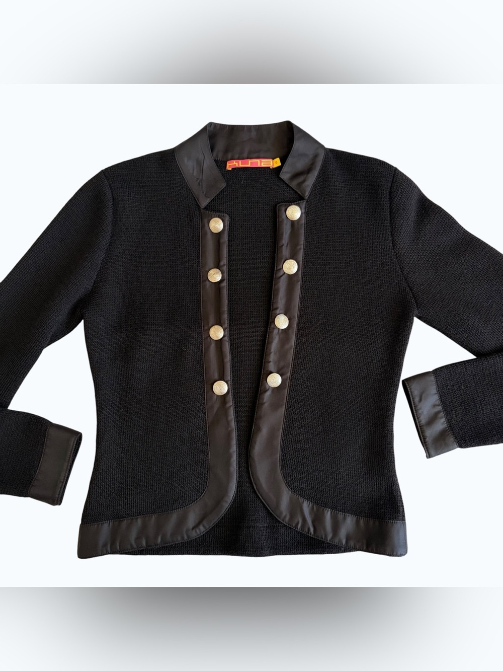 Vintage HUNA 100% Baby Alpaca Black Knit Cardigan Jacket Satin Trim size S